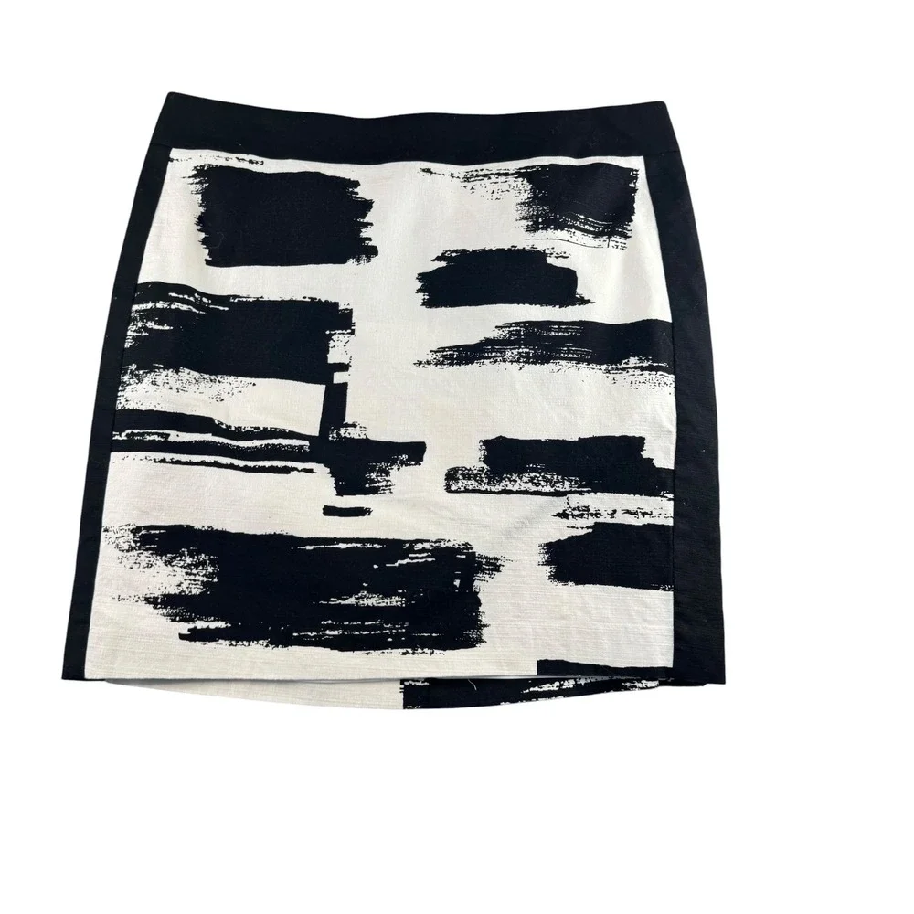 Ann Taylor Black White Abstract Brushstroke Mini Skirt Cotton Blend Size 14